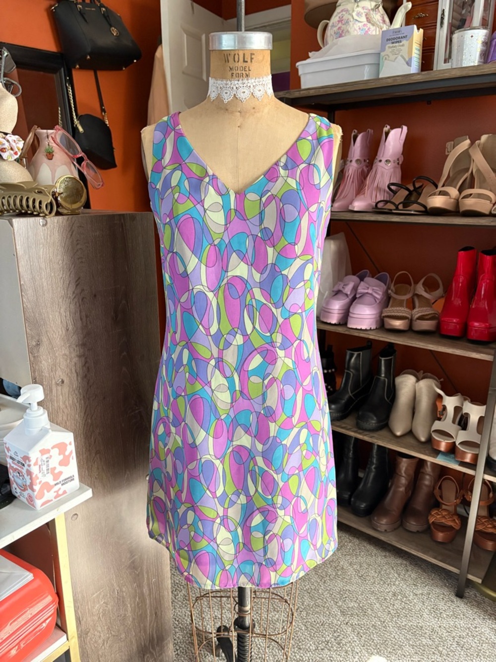70s style Sleeveless Pastel Geometric Shift Dress